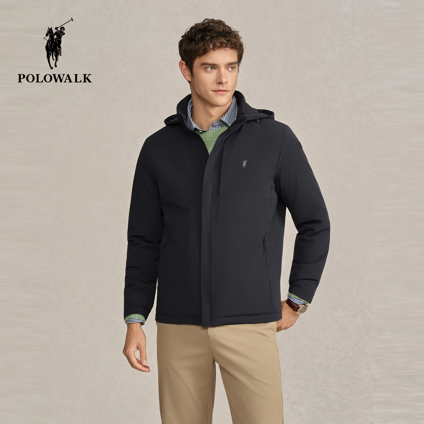 POLOWALK男式茄克2025冬季新品男装户外休闲简约百搭通勤连帽外套