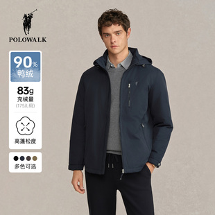 90鸭绒保暖户外休闲立领连帽外套 新品 POLOWALK男式 羽绒服2025冬季