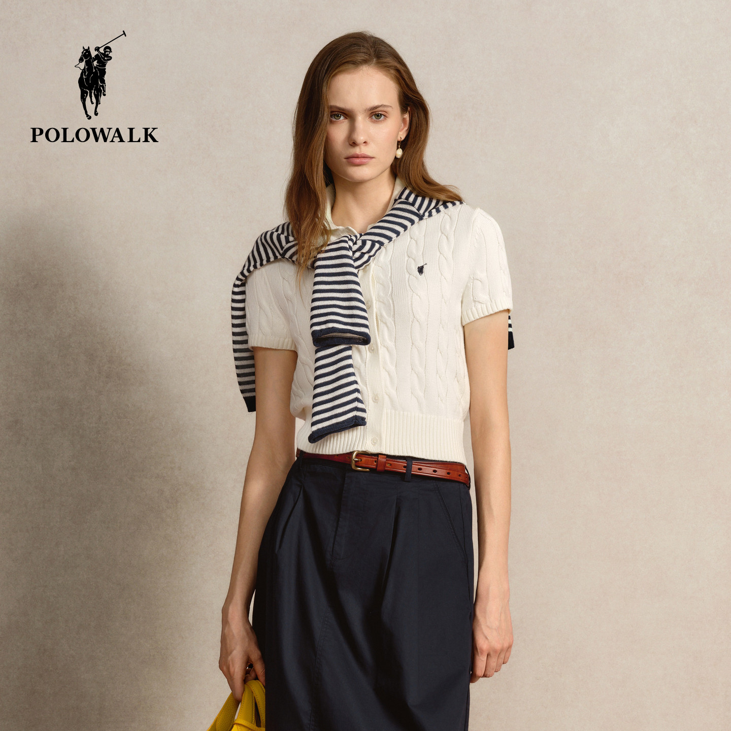 POLOWALK女式短袖针织衫2026早秋新品时尚绞花显瘦短袖针织开衫