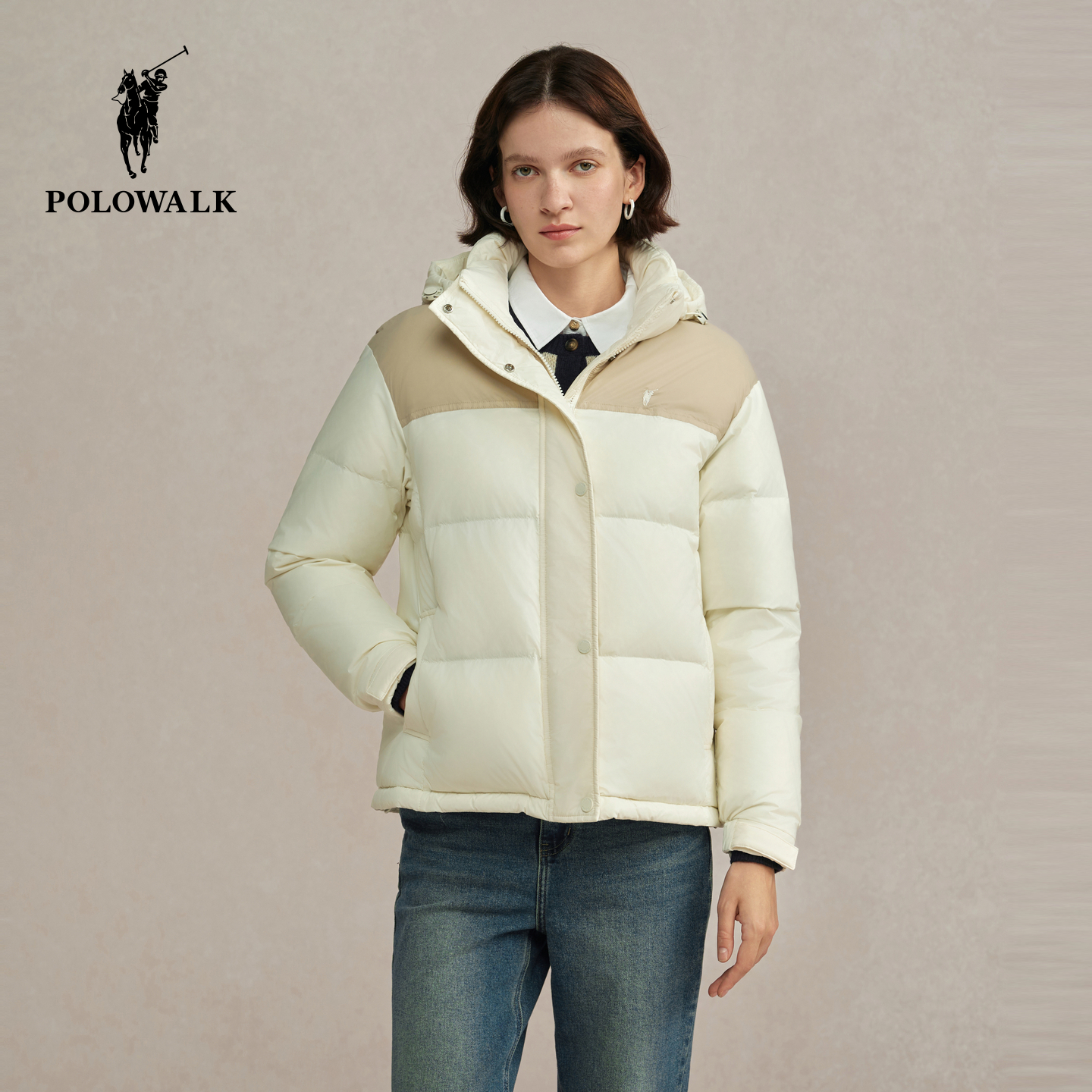 POLOWALK女式羽绒服2025冬季新品韩版通勤保暖90鸭绒连帽羽绒外套