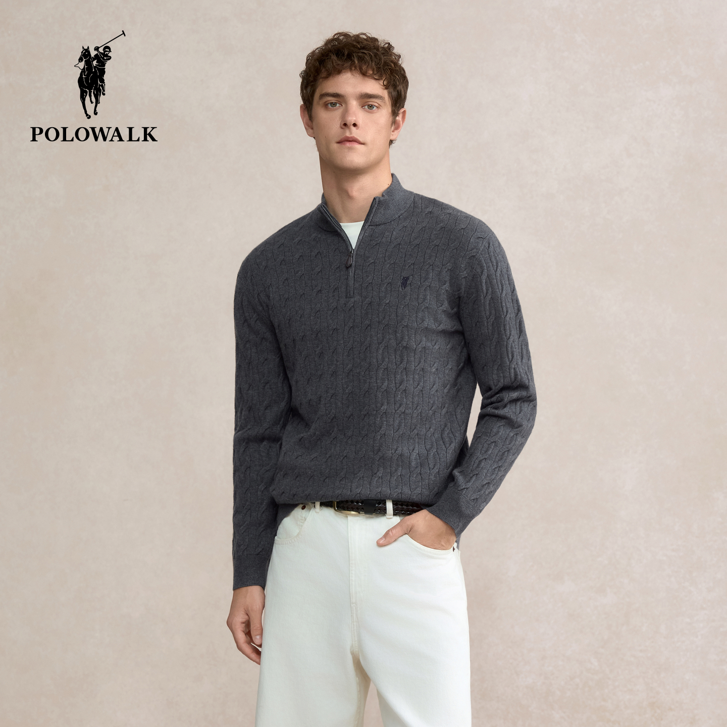 POLOWALK男装针织衫2025秋季新品商务休闲绞花立领套头半拉链上衣