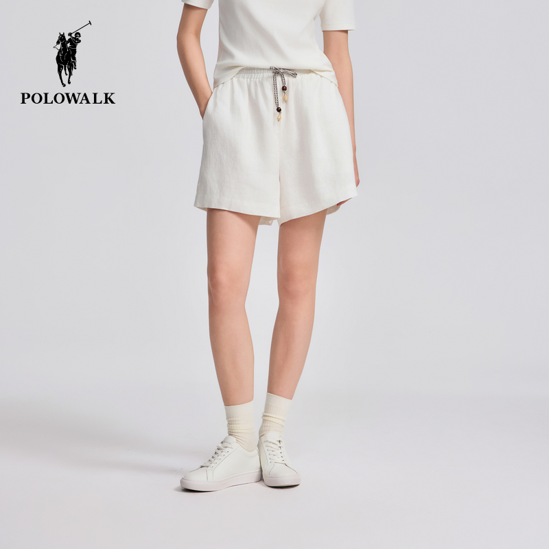POLOWALK女装2025春夏裤新品女式短裤纯色白色短款宽松棉