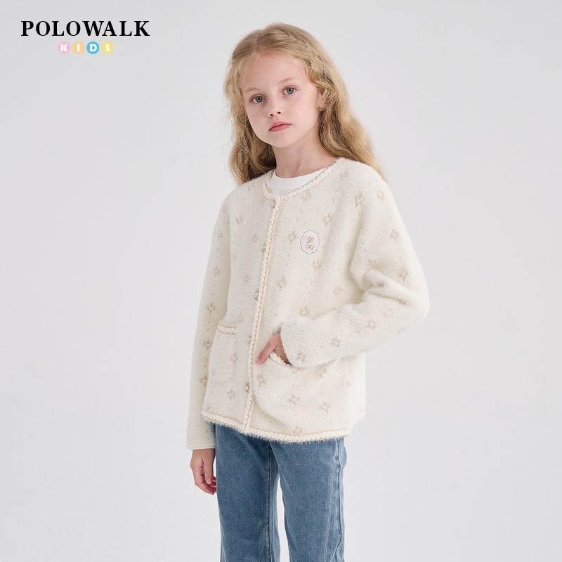 POLOWALK童装女童小香风毛织开衫秋冬新品儿童外套时尚百搭