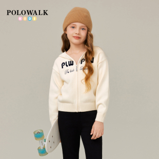 POLOWALK童装女童针织衫2025秋季新品时尚字母刺绣连帽拉链外套