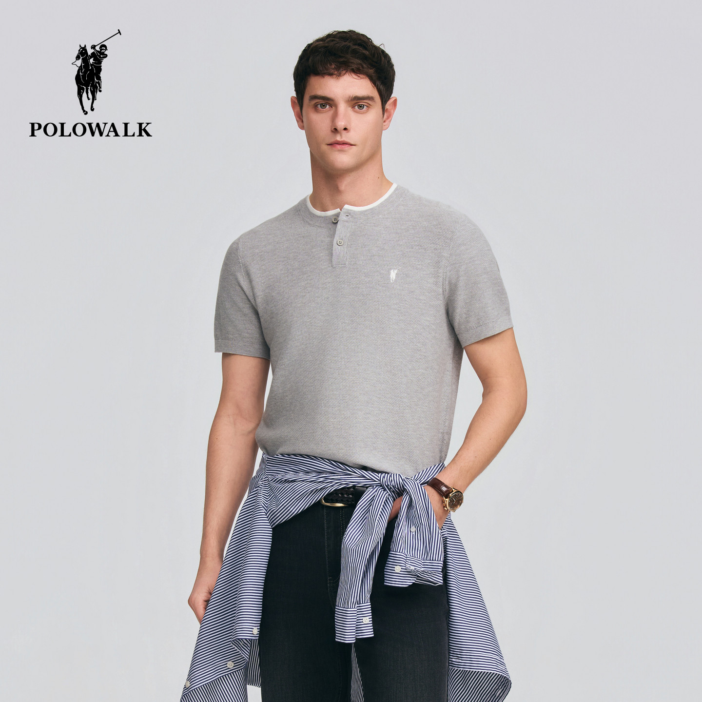 POLOWALK男式短袖针织衫2026春季新品双层亨利领套头短袖针织衫
