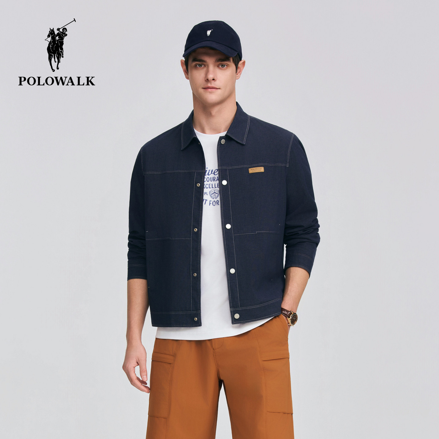 POLOWALK男式外套2026春季新品翻领撞色明线美式休闲时尚牛仔外套
