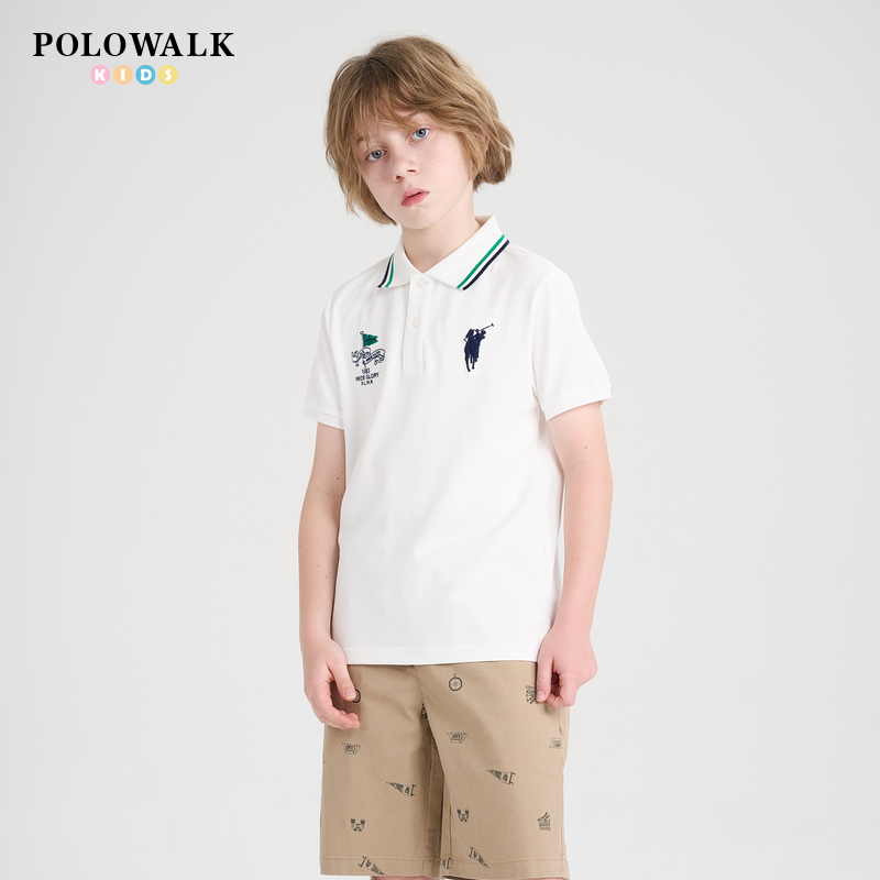POLOWALK童装2024新品夏季短袖翻领T恤男童Polo衫上衣白色运动