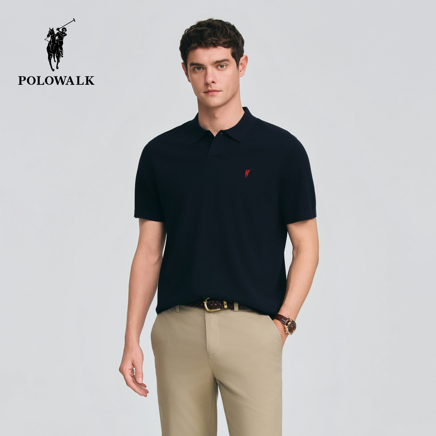 POLOWALK男式短袖针织衫2026春季新品简约纯色短袖针织衫套头上衣