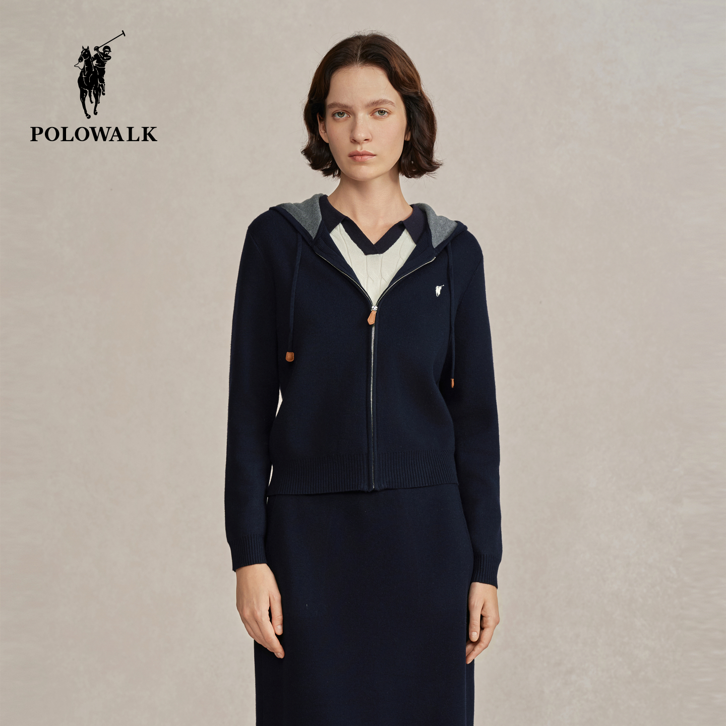 【含绵羊毛】POLOWALK女式长袖针织衫2025秋季新品连帽针织开衫女