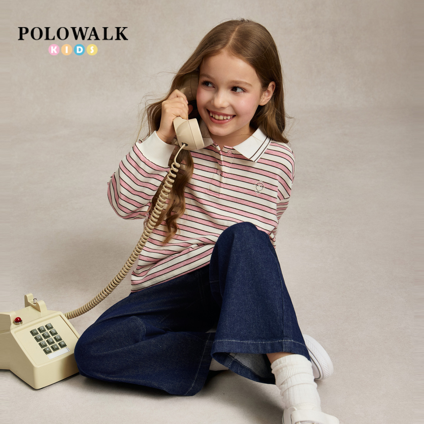 POLOWALK女童卫衣2026秋季新品翻领满身色织条纹时尚亲肤套头上衣