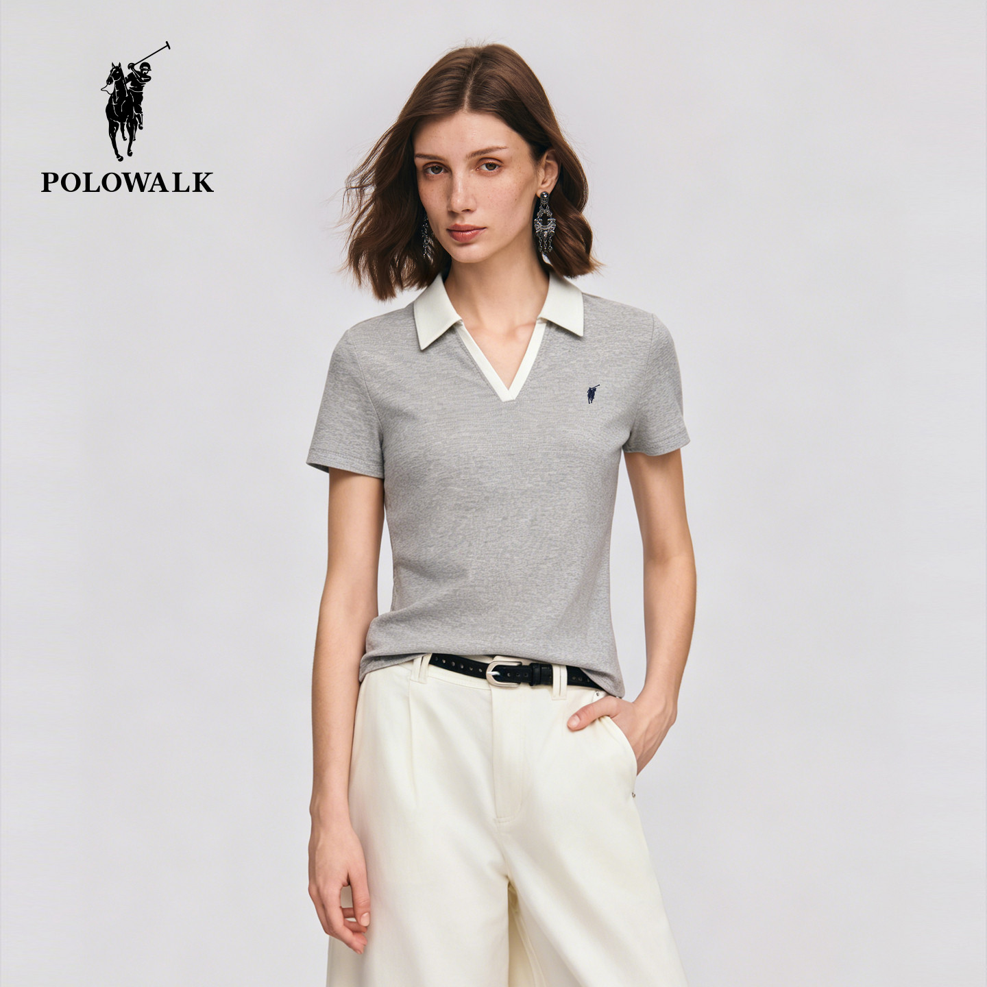 POLOWALK女式短袖2026夏季新品女装时尚撞色剪刀领休闲短袖T恤