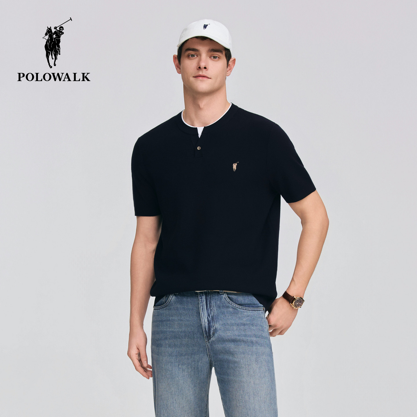 POLOWALK男式短袖针织衫2026春季新品男装双层领套头短袖针织衫