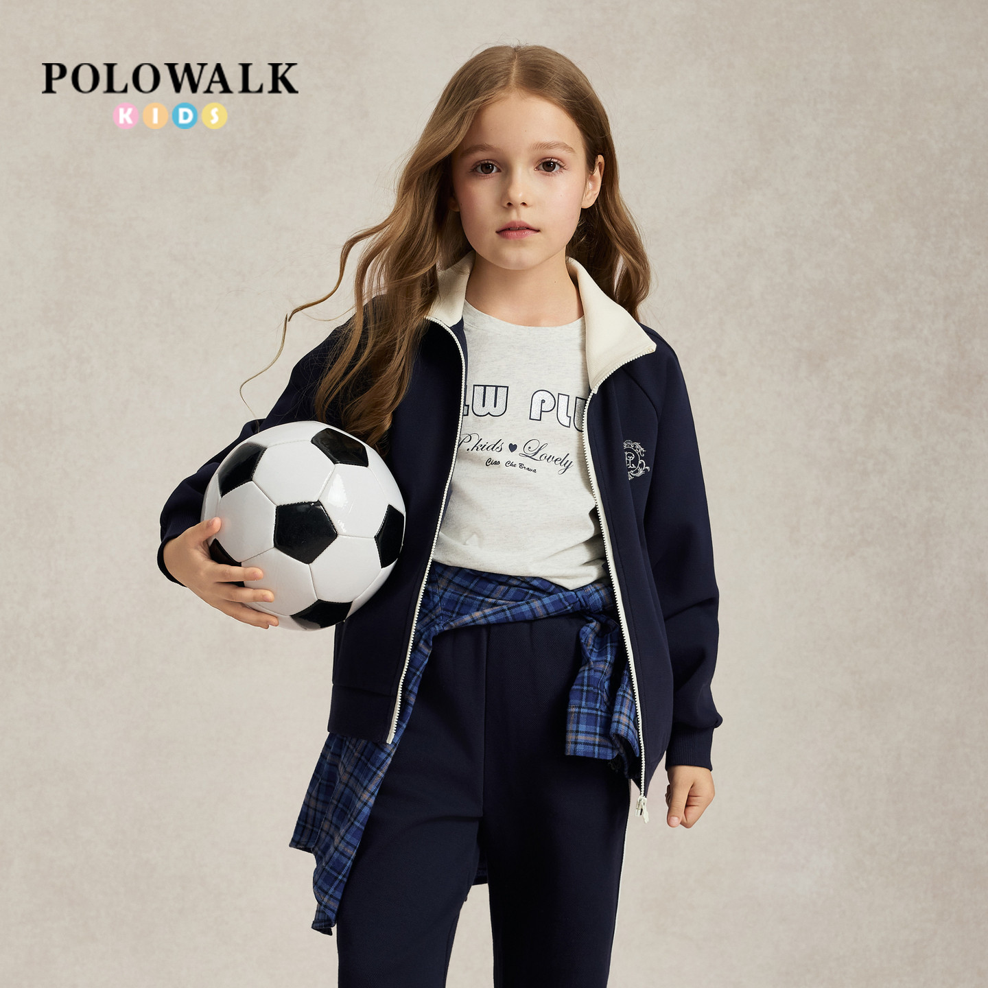 POLOWALK女童外套2026早秋新品立领拉链开衫刺绣徽章藏青休闲上衣