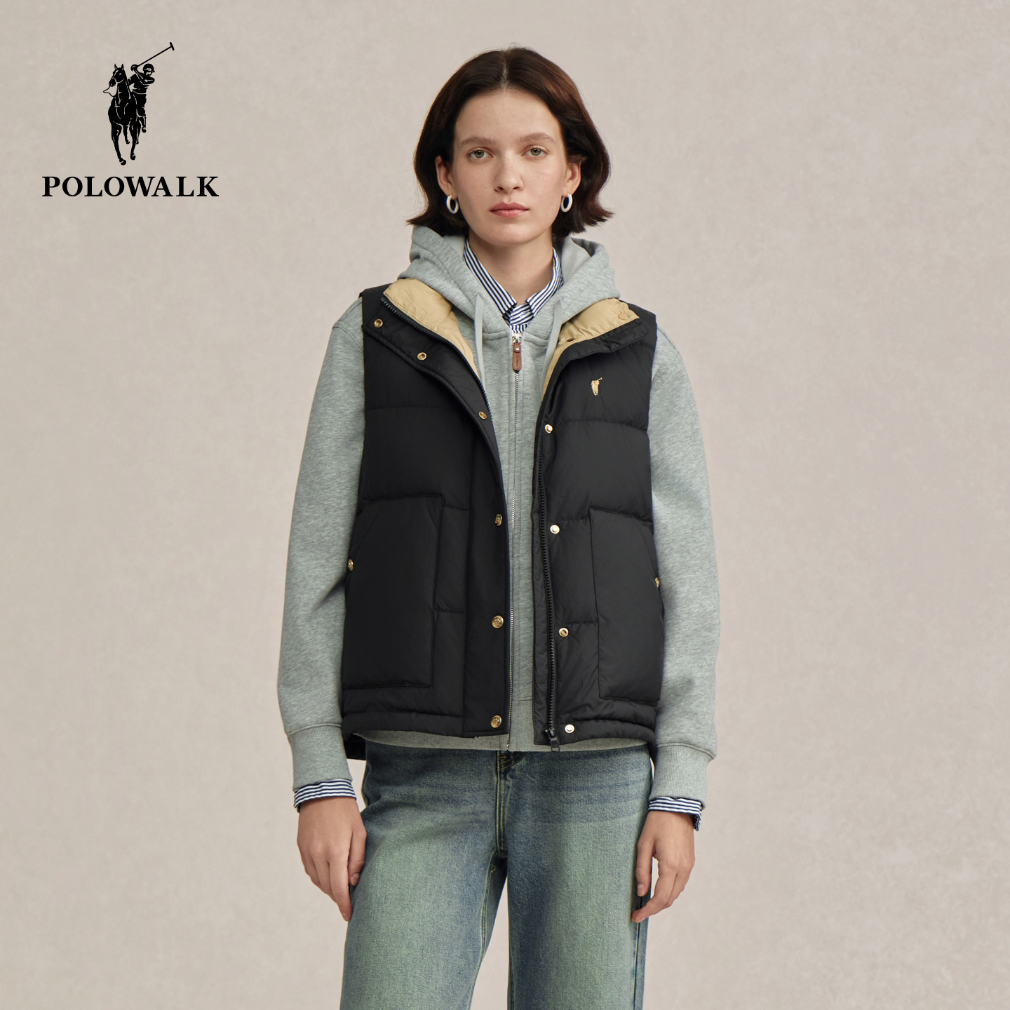 POLOWALK女式羽绒马甲2025冬季新品90鸭绒休闲通勤立领