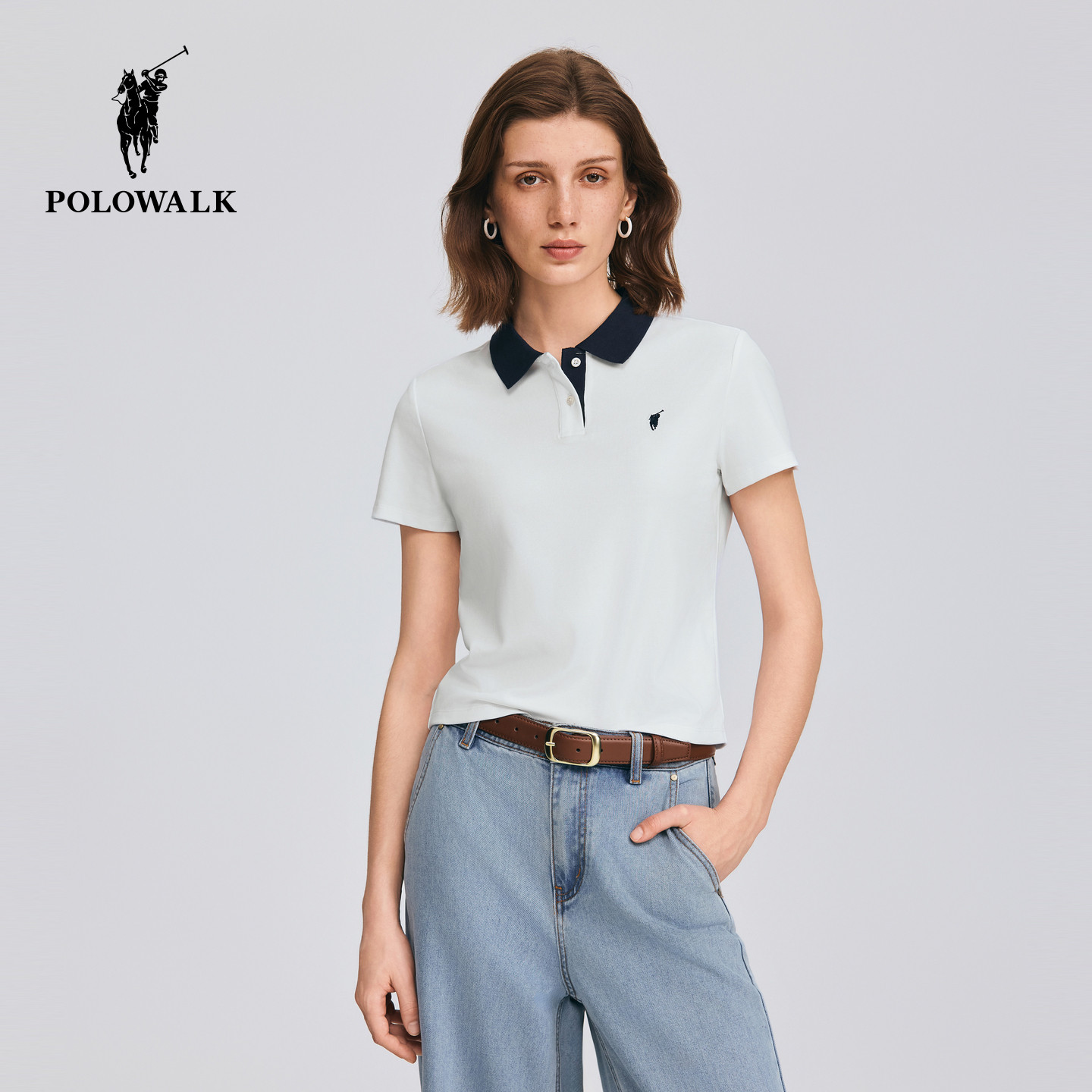 POLOWALK女式短袖POLO衫2026夏季撞色小个子t恤百搭韩版上衣