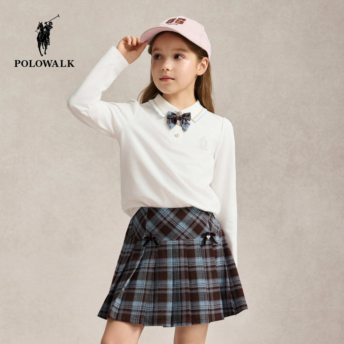 POLOWALK童装女童长袖T恤2026早秋新品撞色蝴蝶结polo领上衣