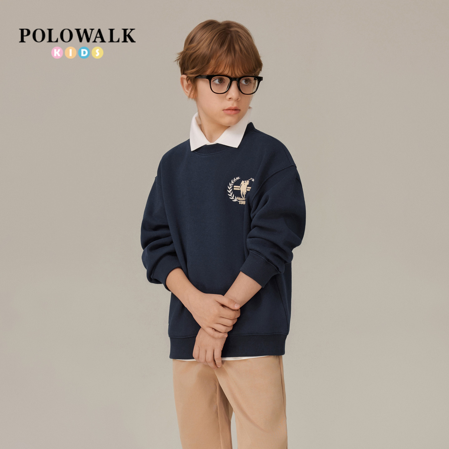 POLOWALK童装男童卫衣美式学院风时尚刺绣圆领男童卫衣潮