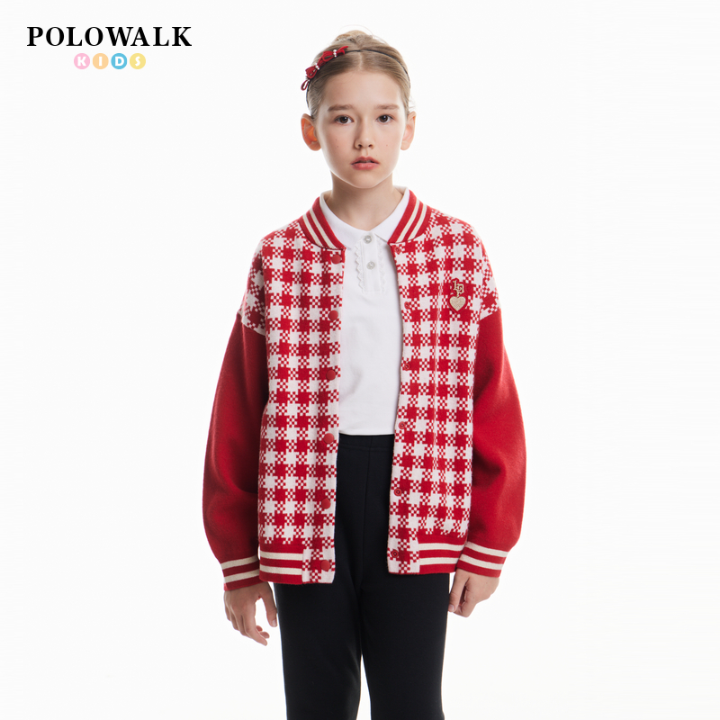 POLOWALK童装女童针织衫2025秋冬新款中大童棒球领红色针织外套