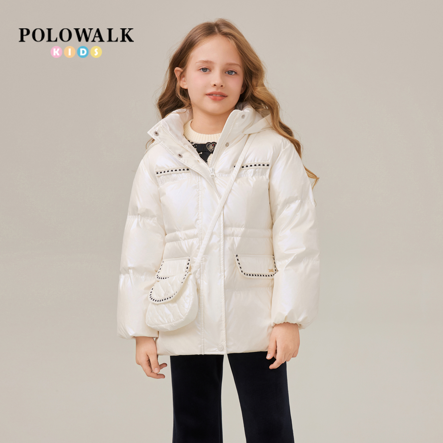 POLOWALK童装女童羽绒服2025冬季新品时尚保暖90鸭绒连帽羽绒外套