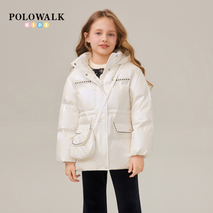 POLOWALK童装女童羽绒服2025冬季新品时尚保暖90鸭绒连帽羽绒外套