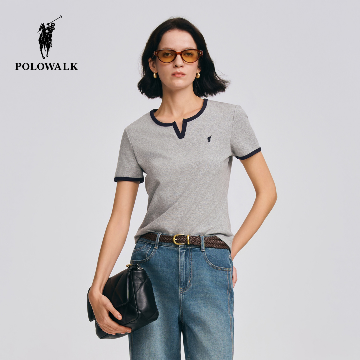 POLOWALK女式短袖2026夏季新品时尚撞色圆V领显瘦通勤百搭短袖T恤