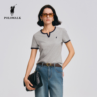 POLOWALK女式短袖2026春季新品时尚撞色圆V领显瘦通勤百搭短袖T恤
