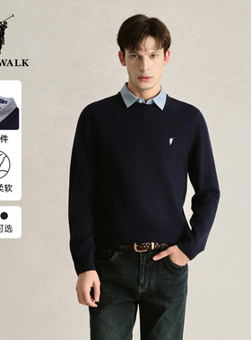 【特惠】POLOWALK衬衫领假两件针织衫男士秋冬款圆领套头内搭毛衣