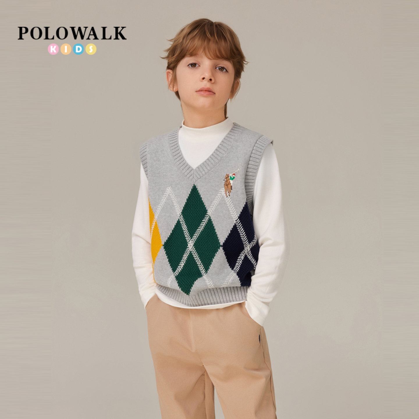 POLOWALK童装男童针织衫2025新品韩系V领撞色菱格背心针织衫男童