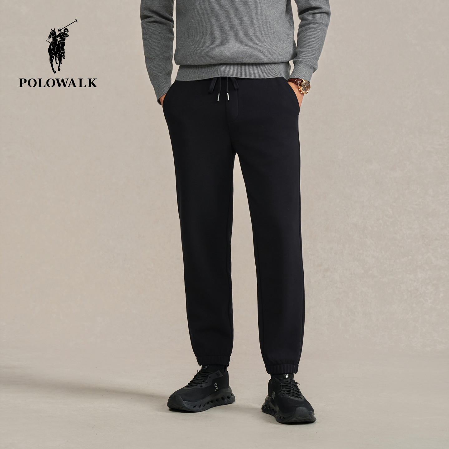 【加绒】POLOWALK男装2025秋冬裤新品男式针织裤纯色百搭收脚裤子