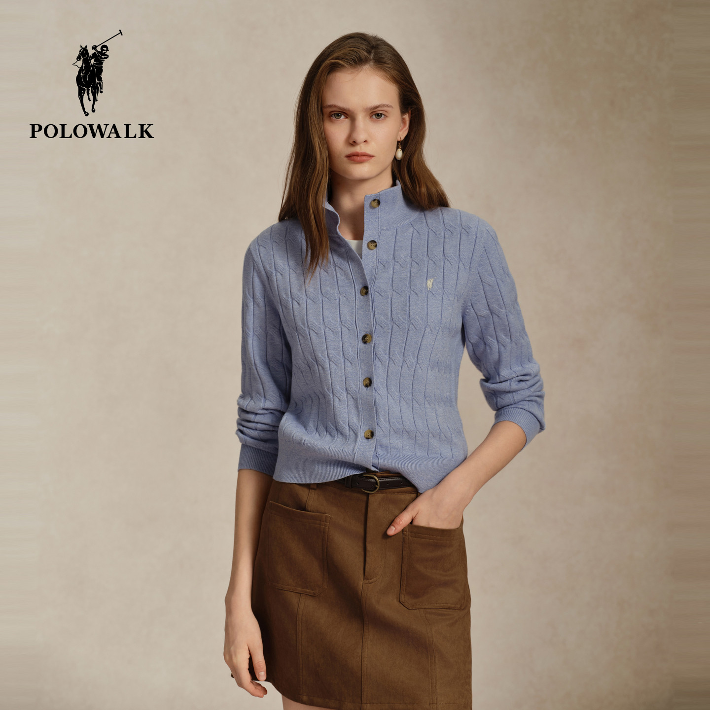 POLOWALK女式长袖针织衫2026秋季新品半高领绞花纯色开衫外套