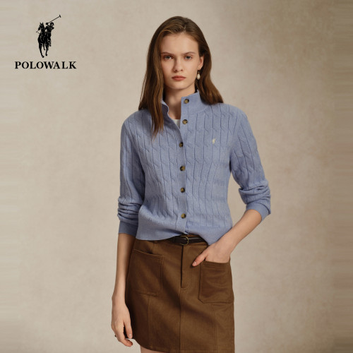 POLOWALK女式长袖针织衫2026秋季新品半高领绞花纯色开衫外套