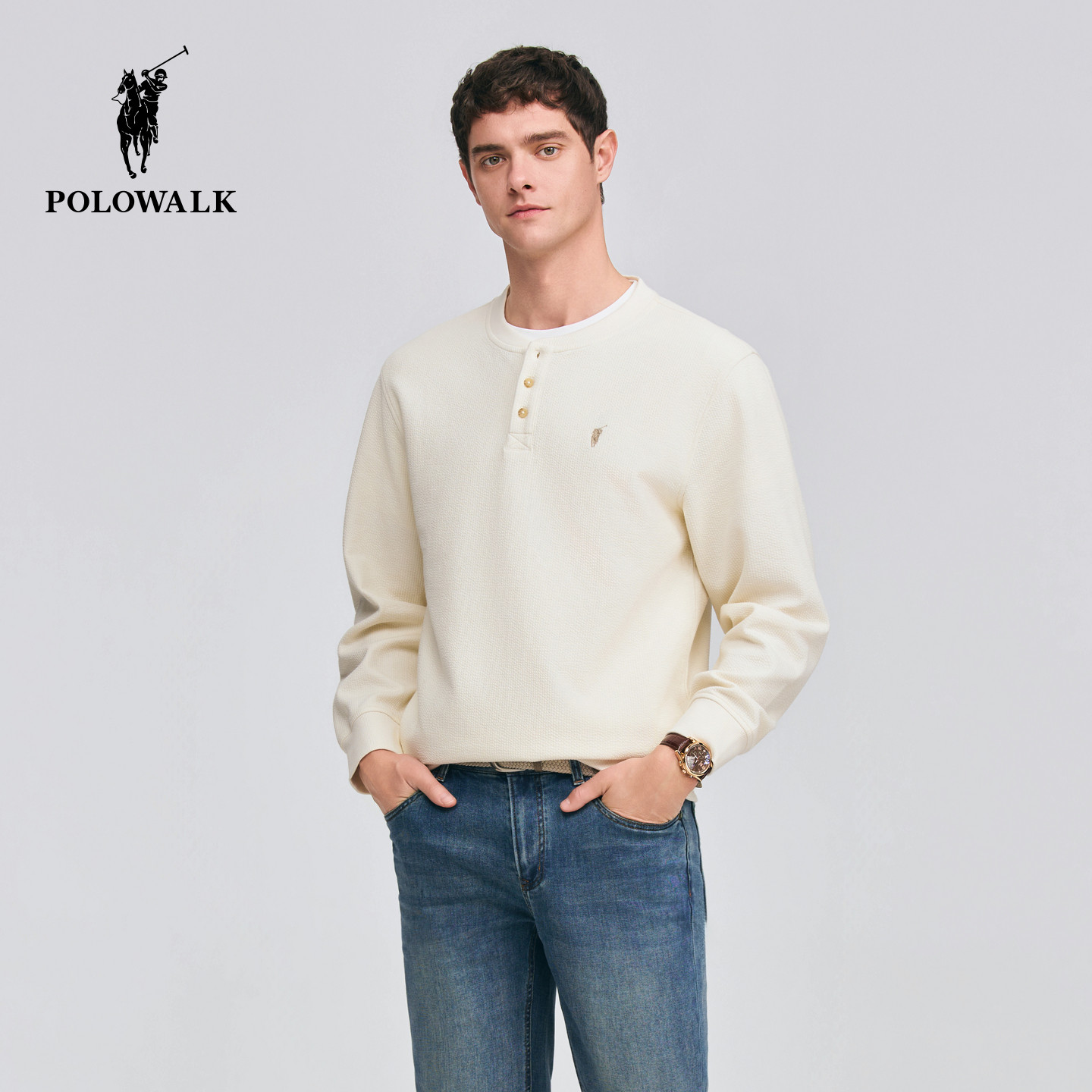 POLOWALK男式长袖T恤2026春季新品简约亨利领长袖T恤休闲套头上衣