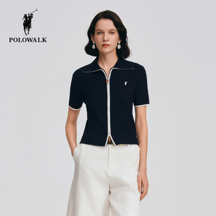 POLOWALK女式短袖针织衫2026春季新品翻领撞色双拉链修身针织开衫