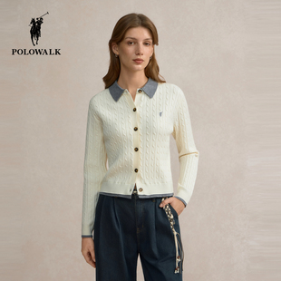 新品 POLOWALK女式 2025秋季 长袖 绞花翻领潮流上衣外套 针织衫