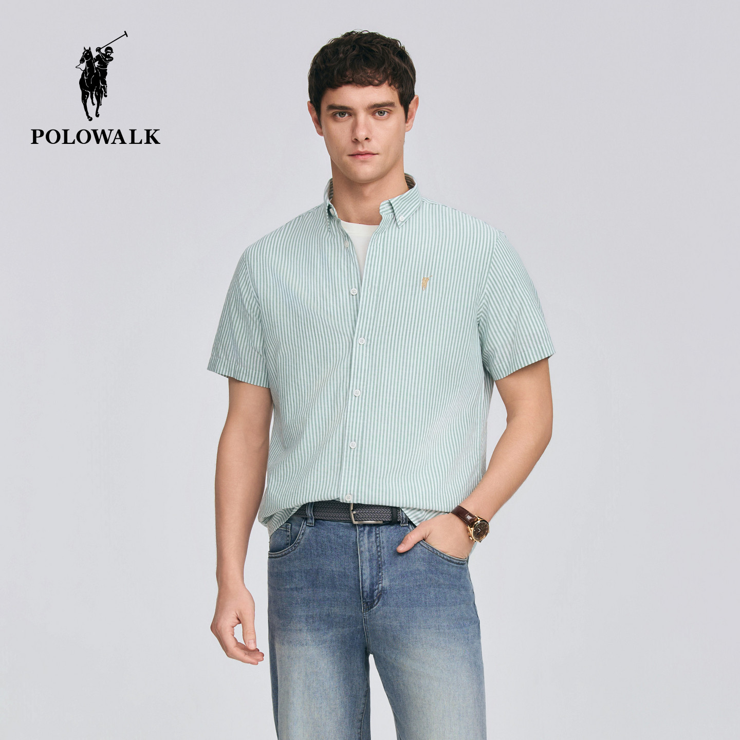 POLOWALK男式短袖衬衫2026夏季新品潮流休闲日常撞色条纹短袖衬衫