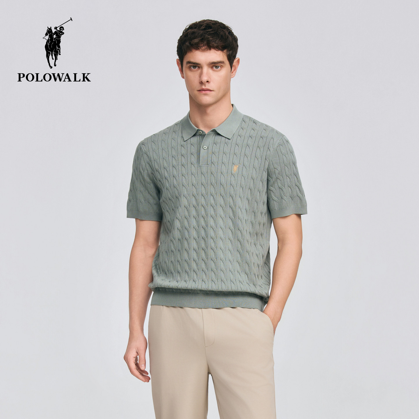 POLOWALK男式短袖针织衫2026春季新品绞花翻领显瘦套头上衣百搭男