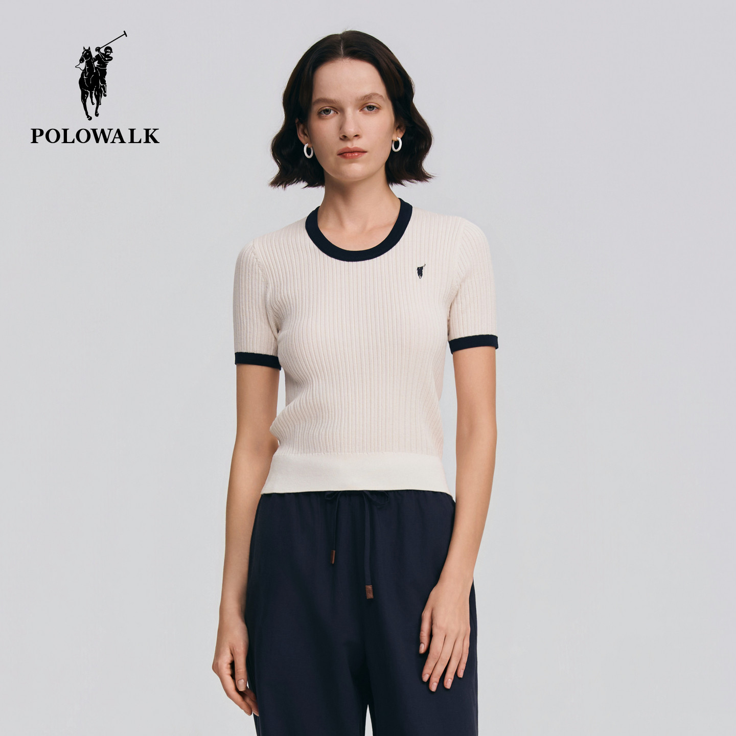 POLOWALK女式短袖针织衫2026春季新品细坑条撞色圆领修身针织衫