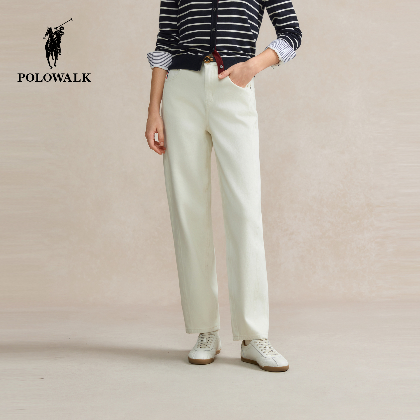 POLOWALK女式牛仔裤2025秋冬裤新品松紧腰休闲显瘦直筒女装长裤