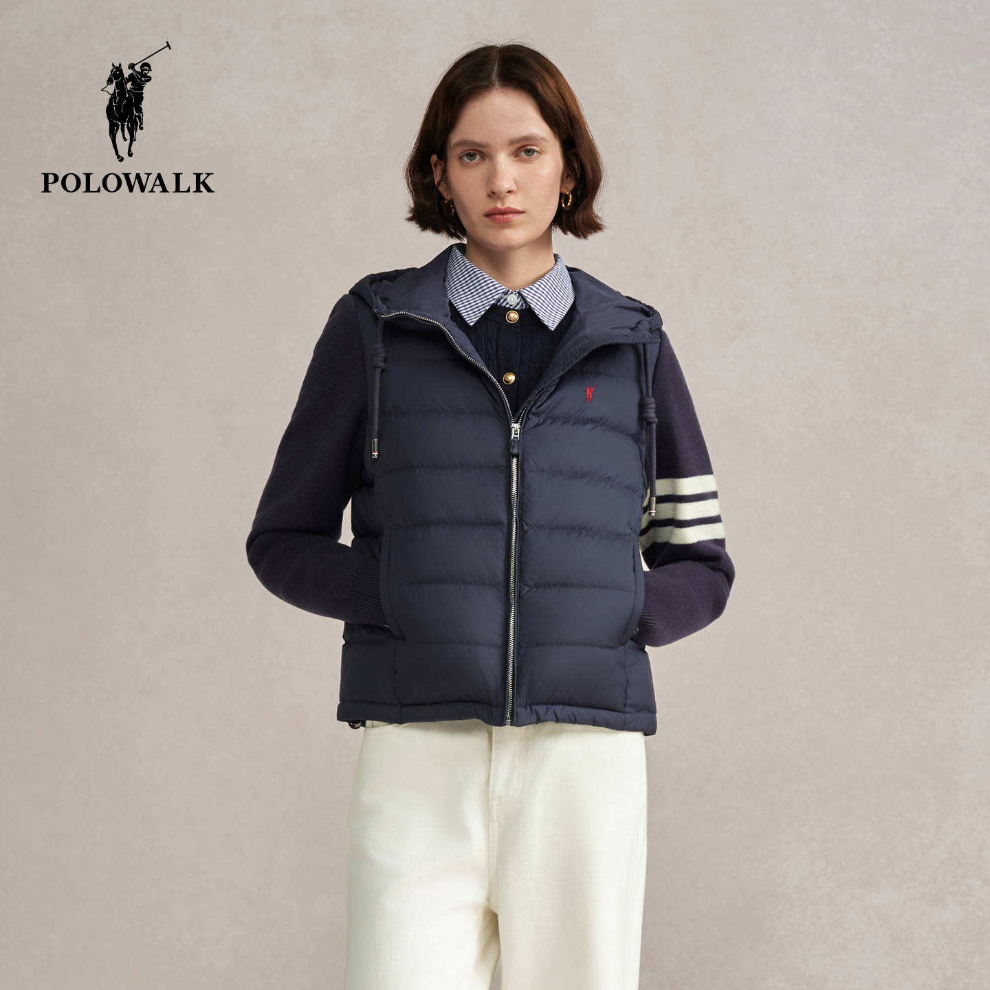 POLOWALK女式羽绒服2025冬季新品90鸭绒百搭通勤拼接连帽羽绒外套