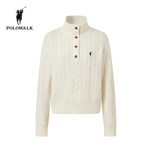 【100%绵羊毛】POLOWALK女式羊毛衫2025冬季新品绞花高领套头衫