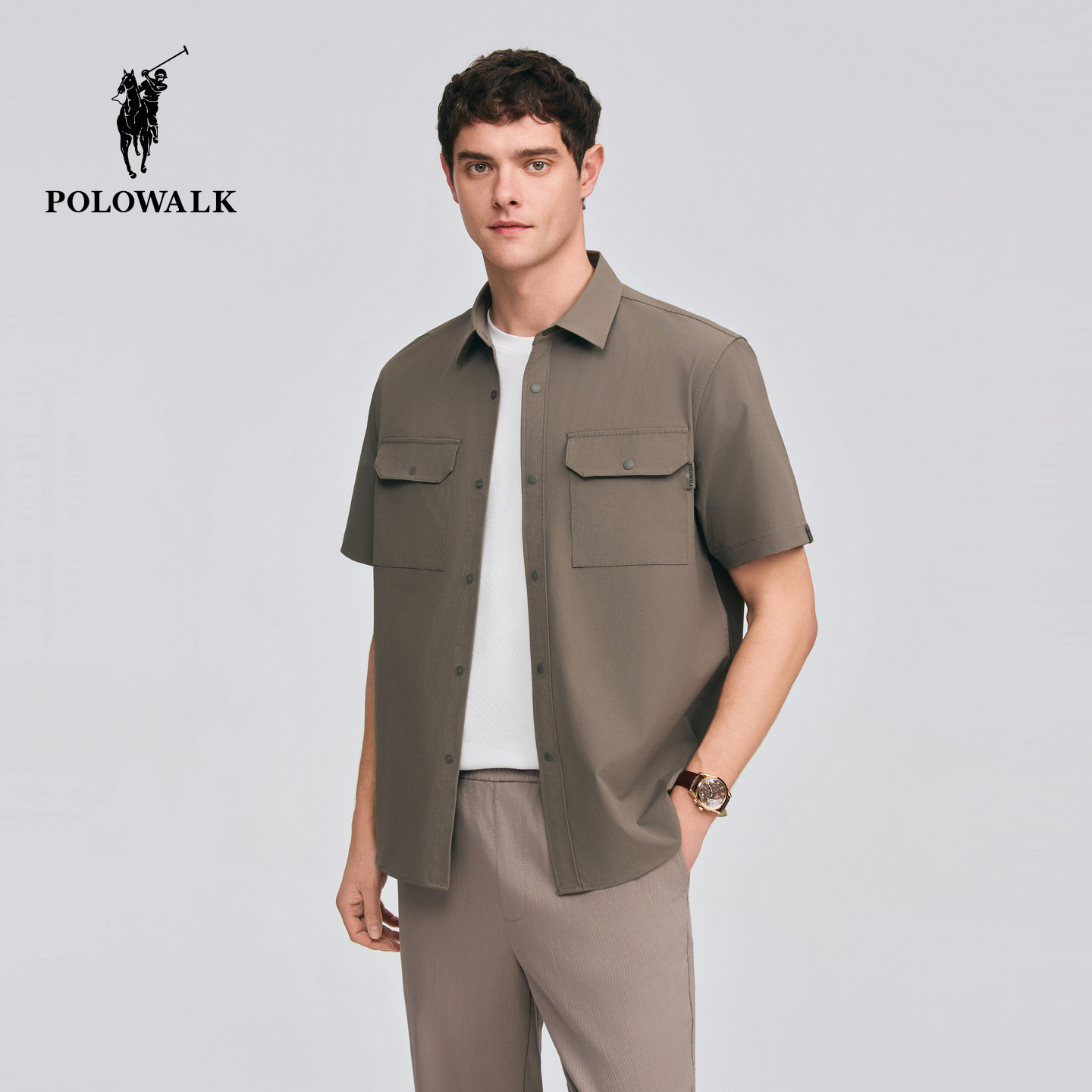 POLOWALK男式短袖衬衫2026夏季新品翻领工装休闲风短袖衬衫外套
