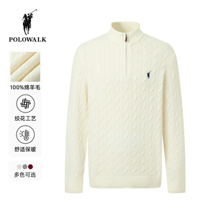 【100%绵羊毛】POLOWALK男式羊毛衫2025冬季新品半拉链绞花套头衫