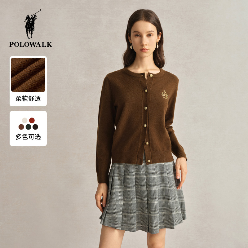 POLOWALK女士针织衫秋冬新款纯色简约百搭圆领长袖开衫女内搭上衣