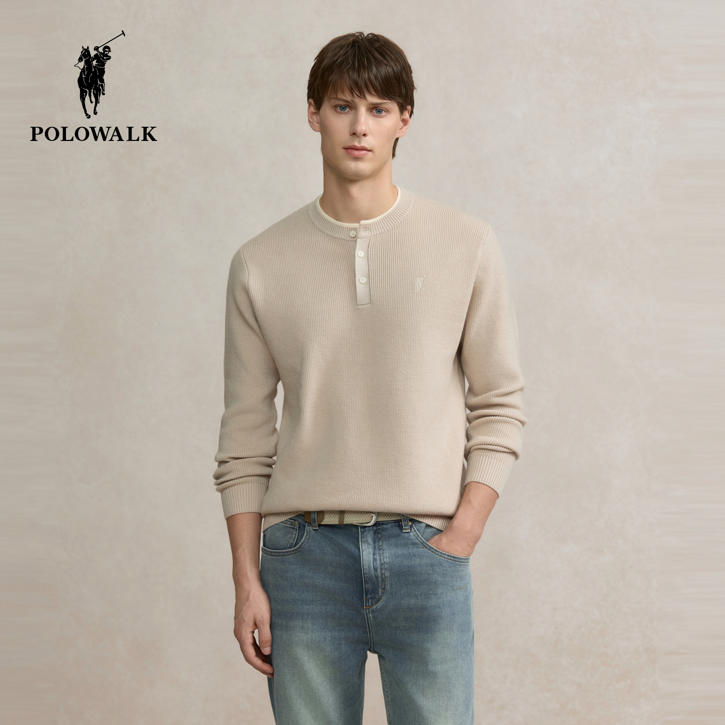 POLOWALK男式针织衫2025秋季新品时尚简约圆领包芯纱套头上衣男装