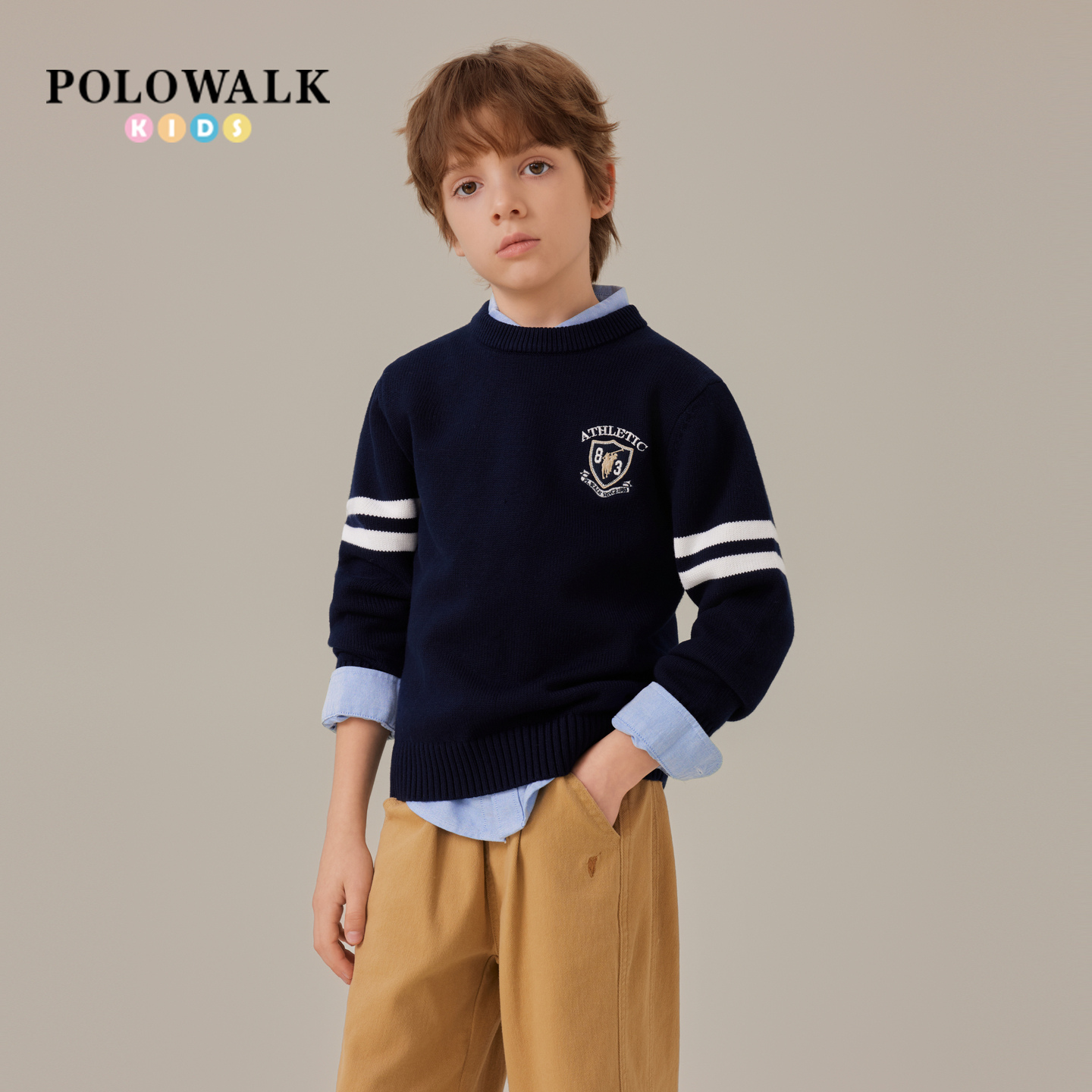 POLOWALK童装男童针织衫2025秋季新品学院风圆领毛衣男童针织开衫