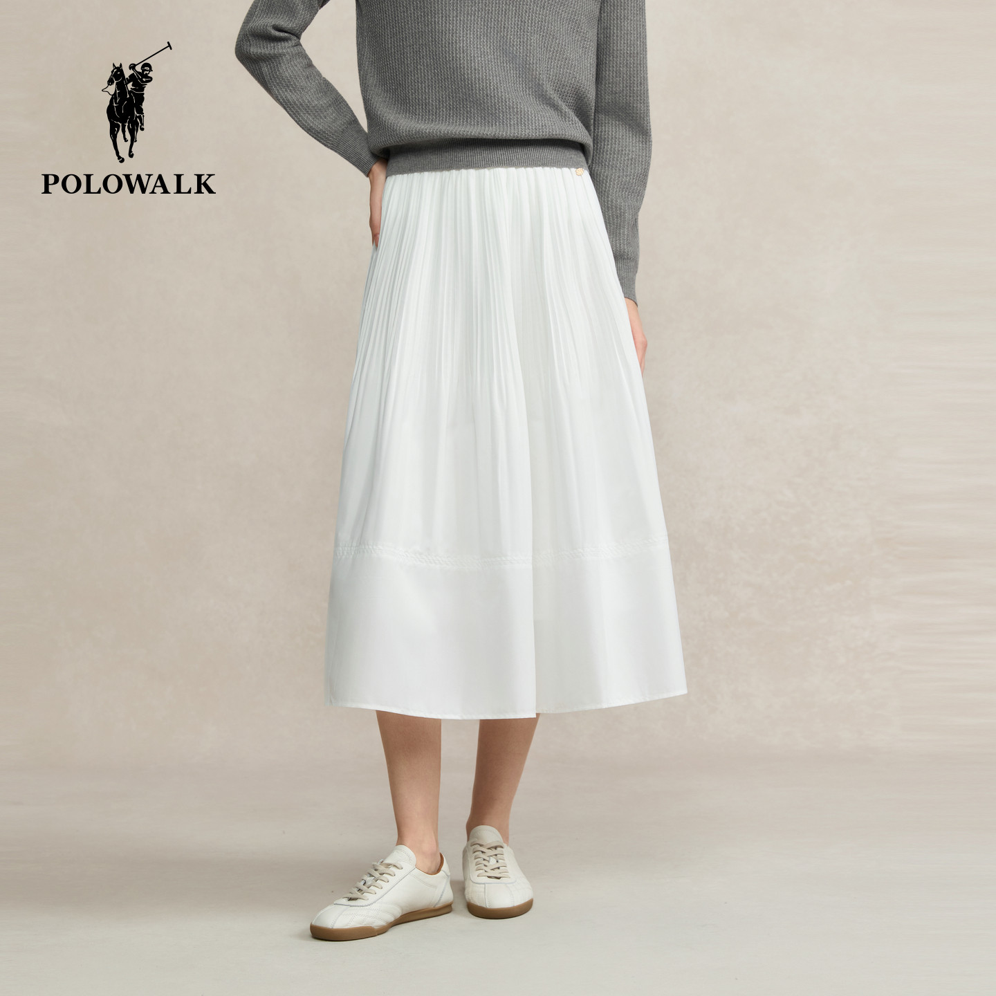 POLOWALK女士半身裙2026春季新品松紧腰中长款纯色百搭显