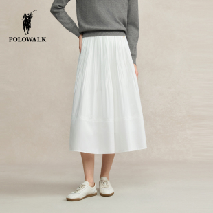 POLOWALK女士半身裙2026春季新品松紧腰中长款纯色百搭显瘦A摆裙