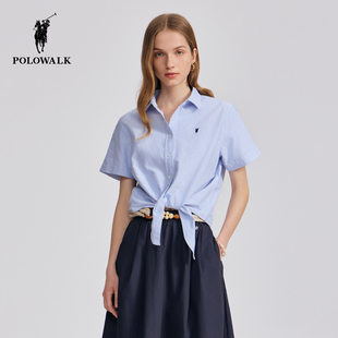 25夏季 短袖 衬衫 百搭衬衣学院风打结上衣 新品 纯棉 POLOWALK女式