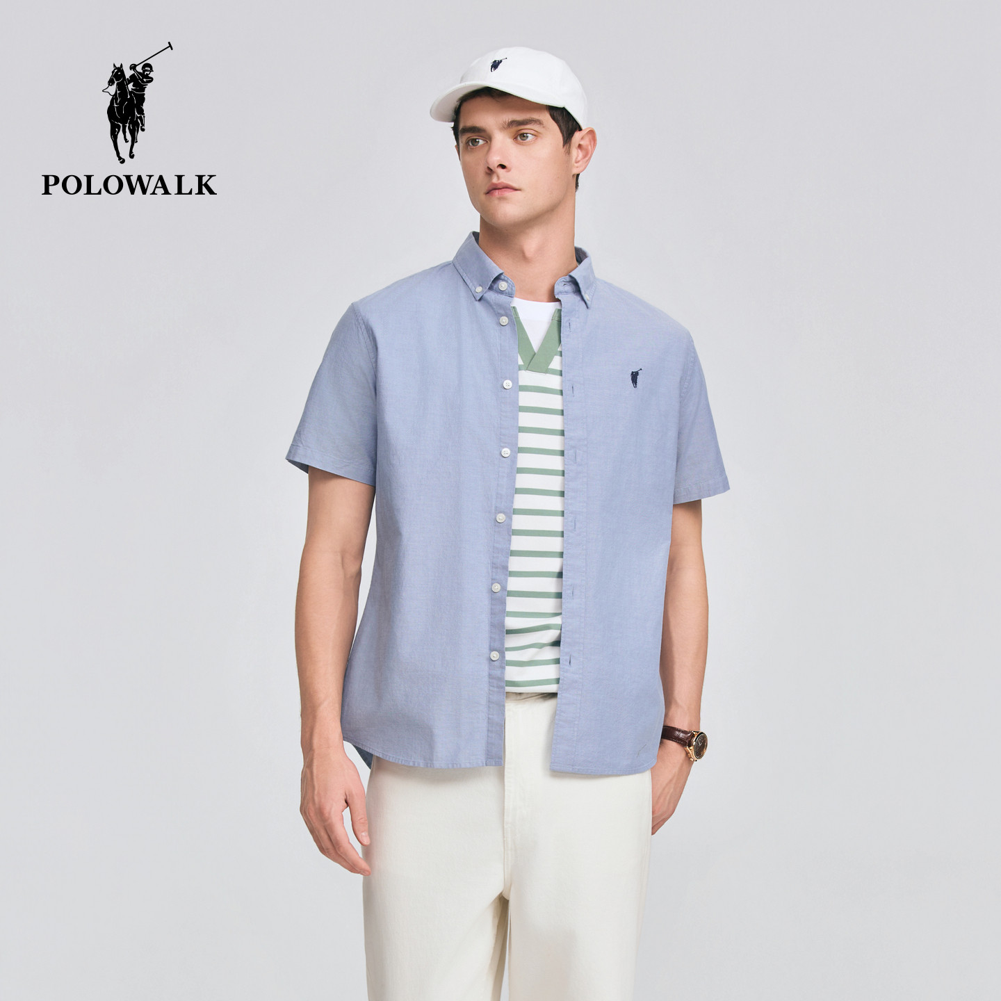 POLOWALK简约纽扣领短袖衬衫图片