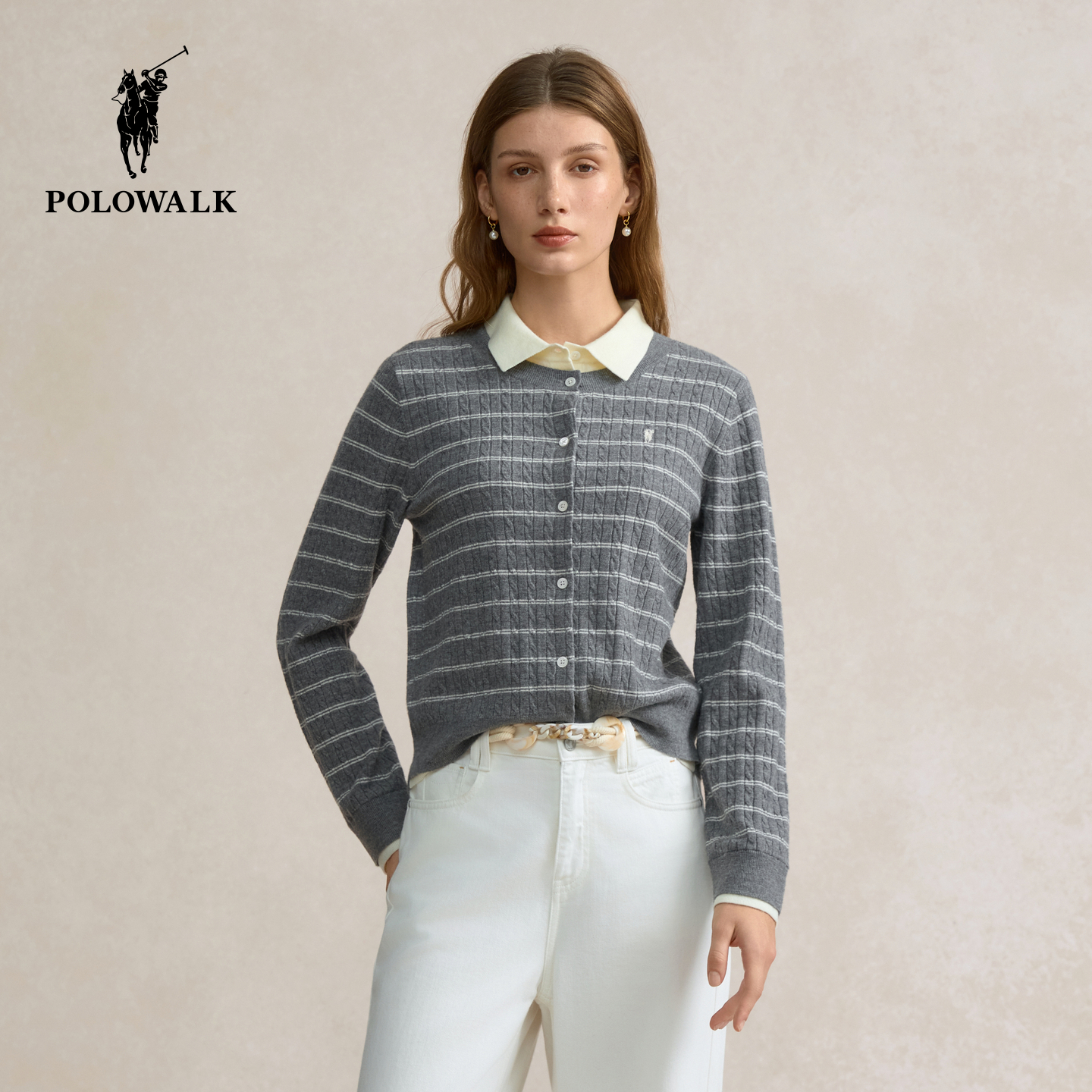 POLOWALK女装2025秋季新品女式长袖针织衫通勤条纹百搭针织开衫女